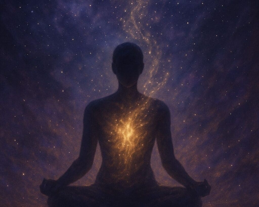 Illustration of a meditating figure releasing golden light from the chest, symbolizing past life healing for anxiety and nervous system transformation.