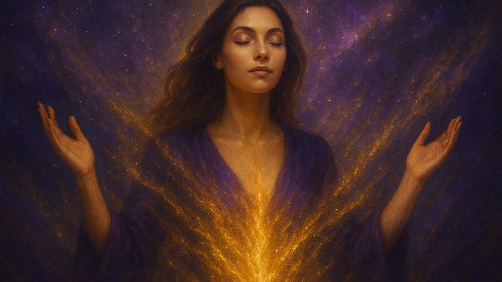 Golden and purple digital artwork of a serene spiritual woman symbolizing rebirth and consciousness expansion, surrounded by glowing light and rising golden energy — representing transformation, feminine empowerment, and reinvention.
