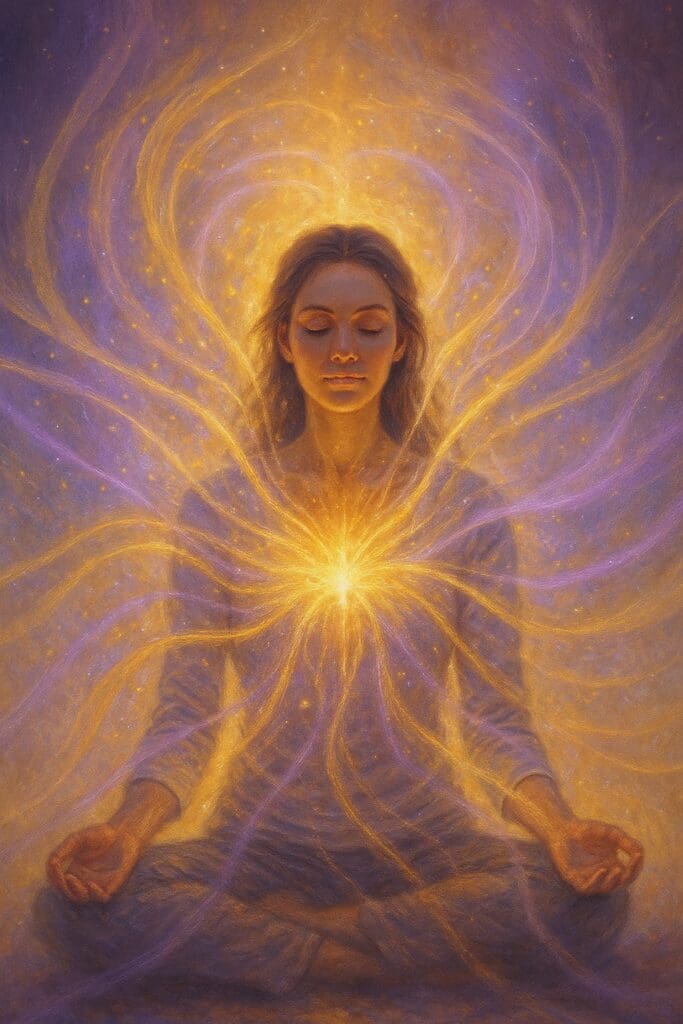 Abstract golden and lavender energy waves representing nervous system healing and soul-led business transformation.