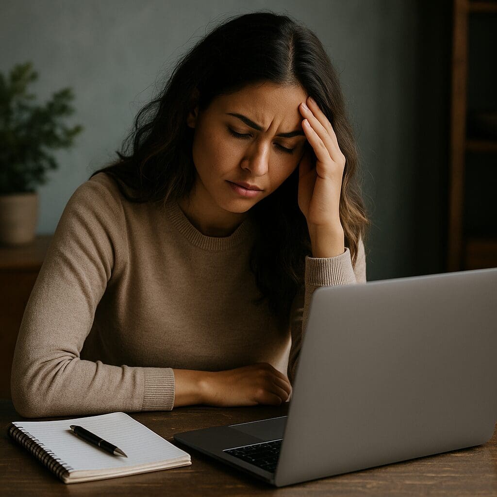 Spiritual entrepreneur woman sitting in a cozy room, holding her head in frustration, symbolizing procrastination and burnout as a nervous system response. 
