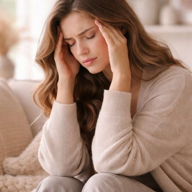 Woman experiencing overwhelm and head tension illustrating symptoms of nervous system dysregulation for women under chronic stress